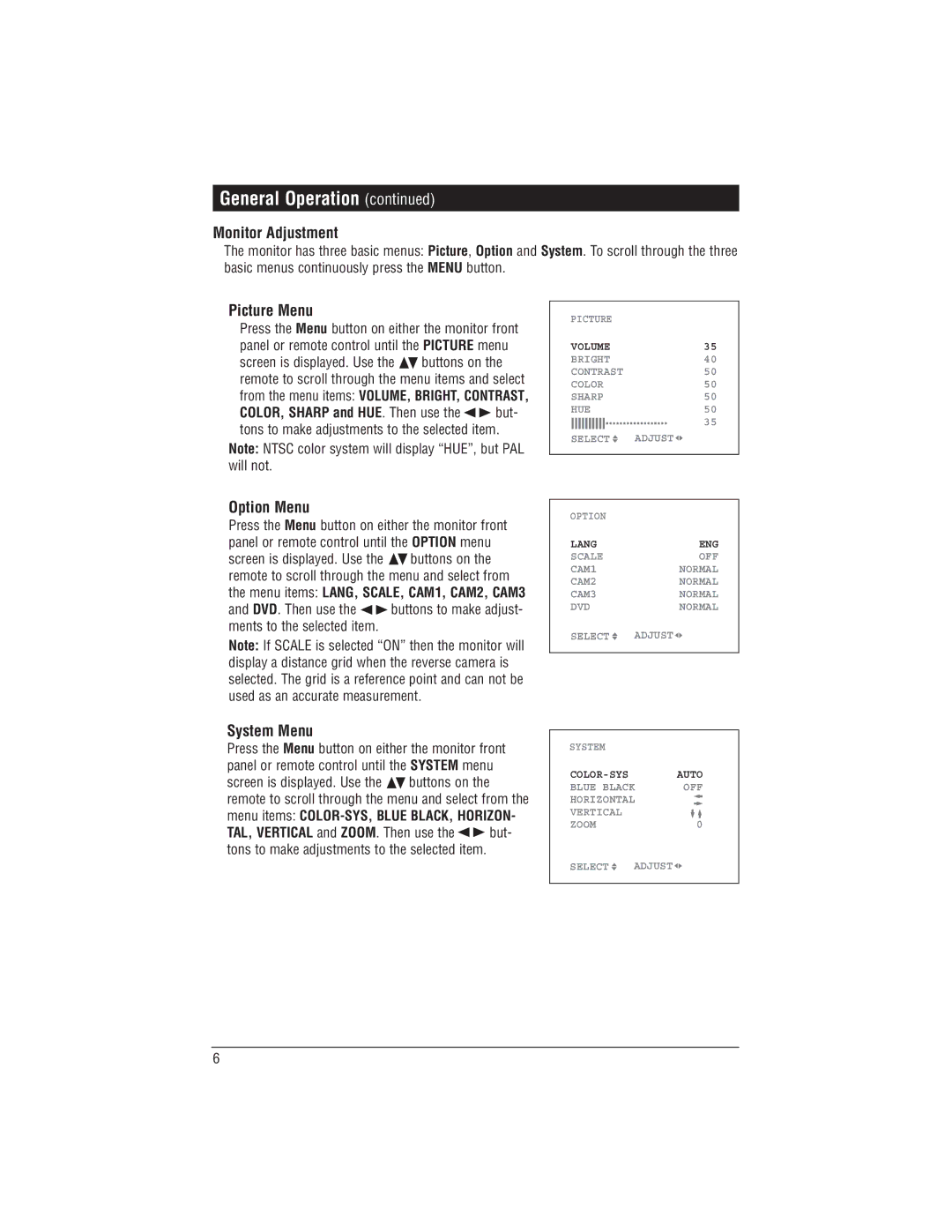 Magnadyne M125C installation manual Monitor Adjustment, Picture Menu, Option Menu, System Menu 