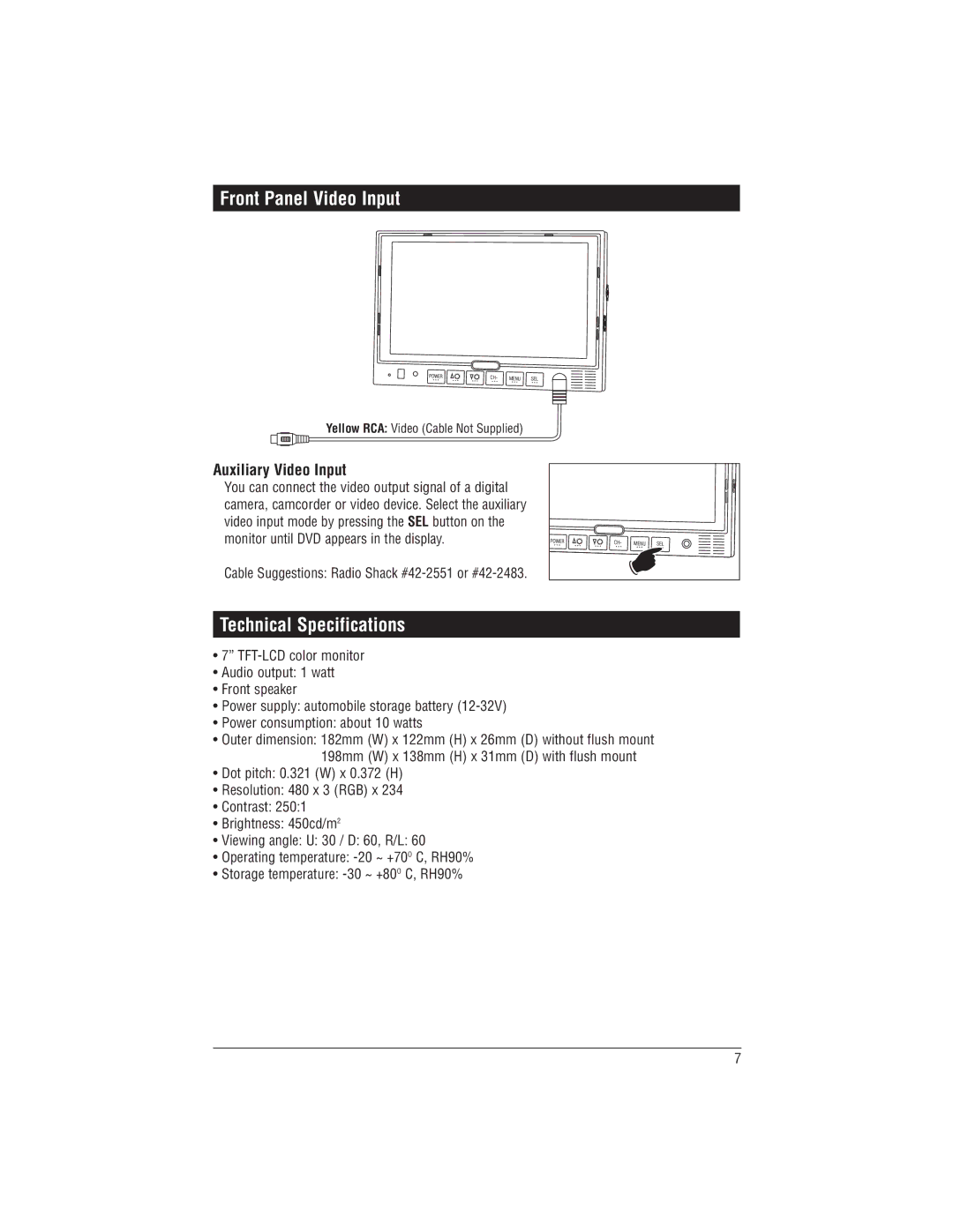 Magnadyne M125C installation manual Front Panel Video Input, Technical Specifications, Auxiliary Video Input 