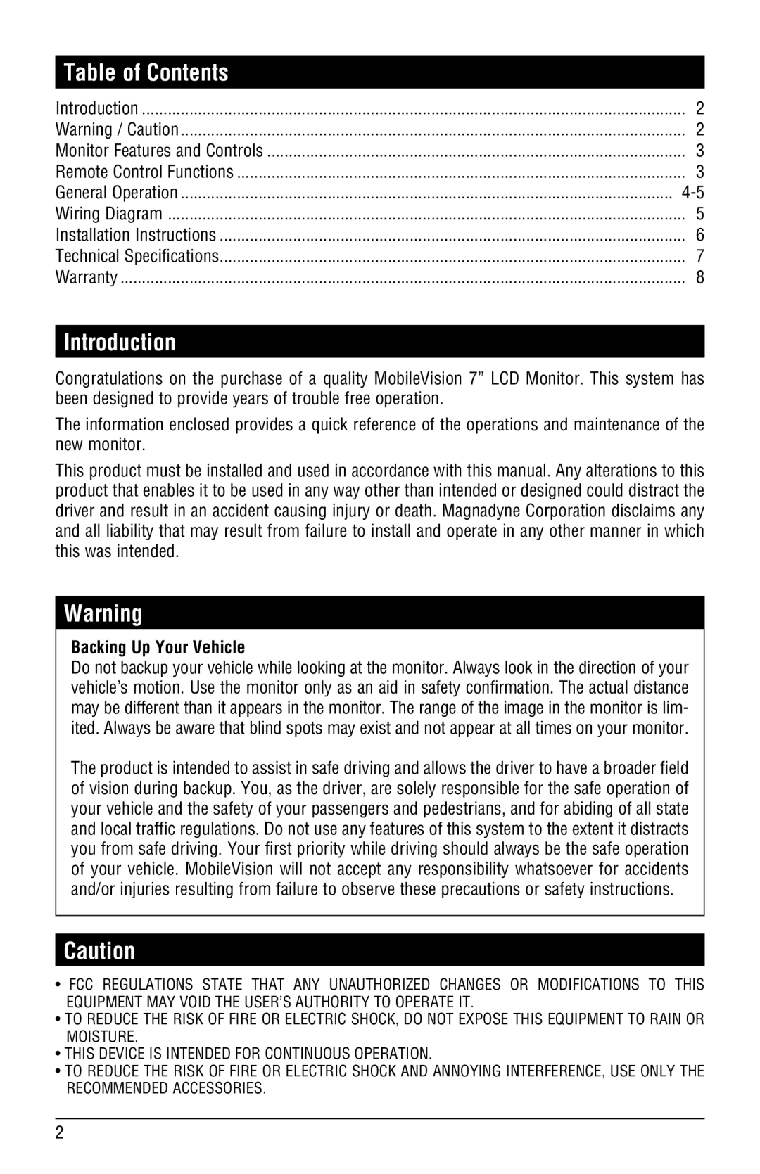 Magnadyne M135C-4 installation manual Table of Contents, Introduction 