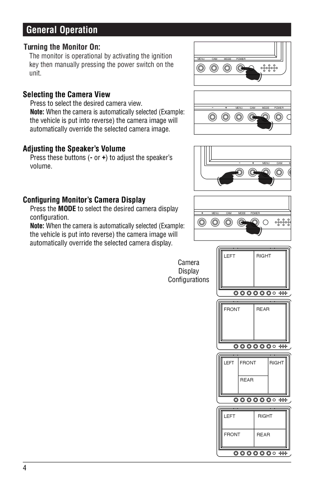 Magnadyne M135C-4 General Operation, Turning the Monitor On, Selecting the Camera View, Adjusting the Speaker’s Volume 