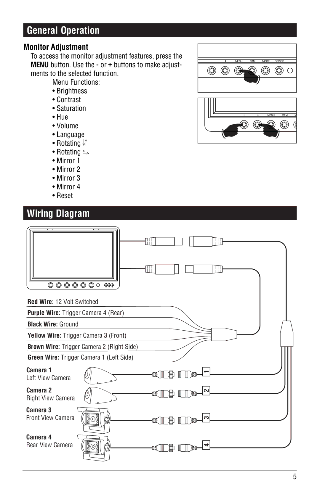 Magnadyne M135C-4 installation manual Wiring Diagram, Monitor Adjustment 