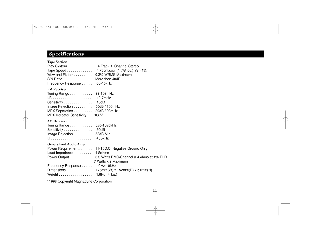 Magnadyne M2080 manual Specifications, Tape Section 