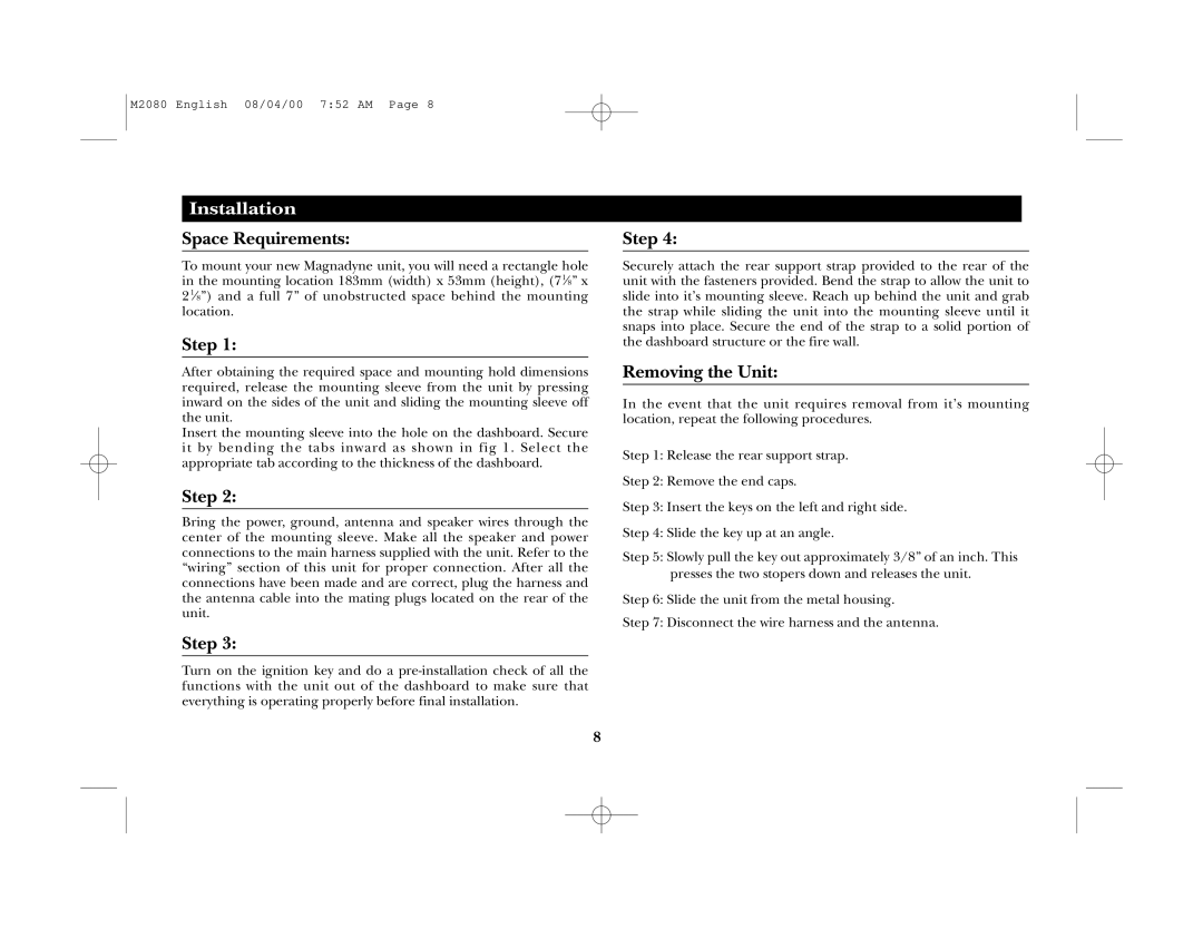 Magnadyne M2080 manual Space Requirements 