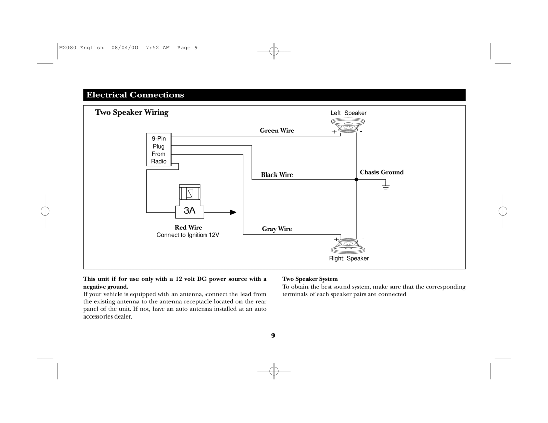 Magnadyne M2080 manual Electrical Connections, Two Speaker Wiring 