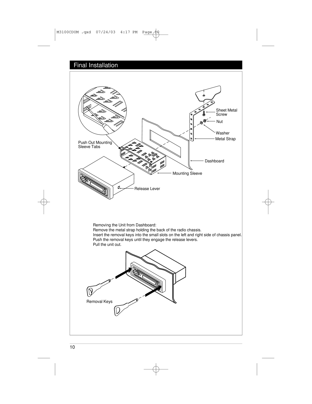 Magnadyne M3100CD manual Final Installation, Removal Keys 