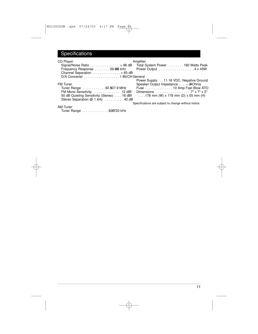 Magnadyne M3100CD manual Specifications, CD Player Amplifier, General, FM Tuner, AM Tuner 