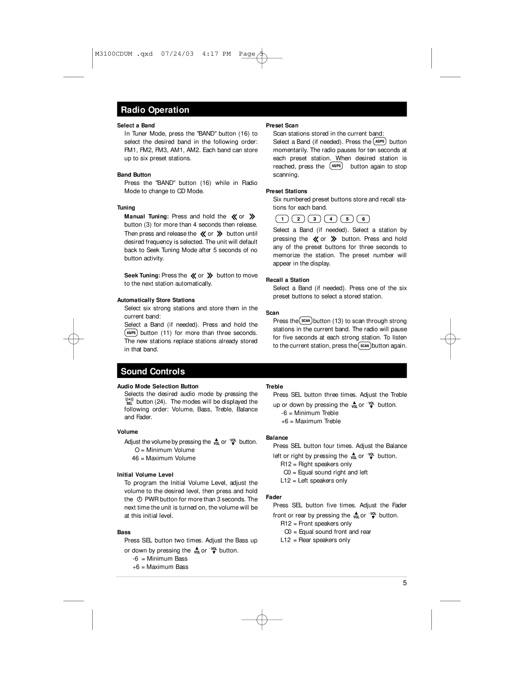 Magnadyne M3100CD manual Radio Operation, Sound Controls 