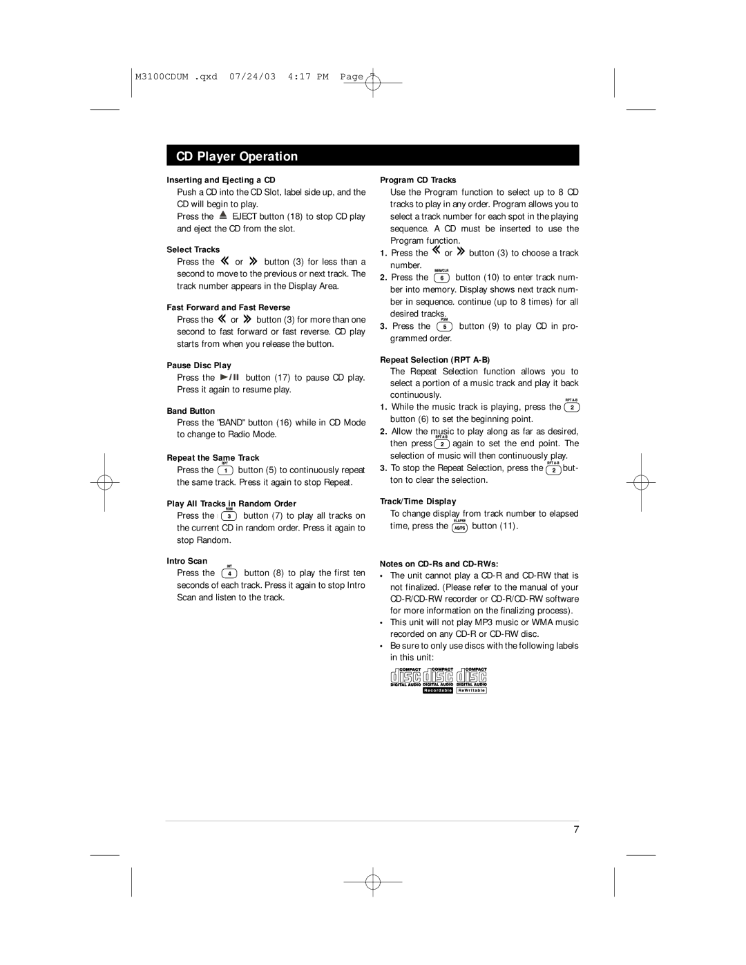 Magnadyne M3100CD manual CD Player Operation 