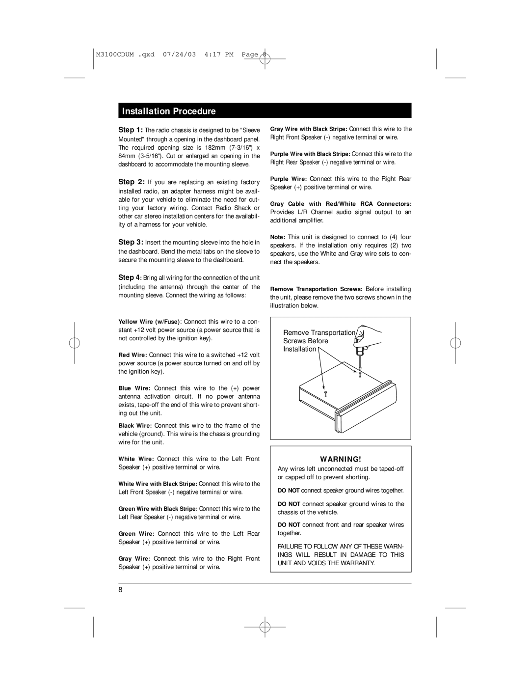 Magnadyne M3100CD manual Installation Procedure 