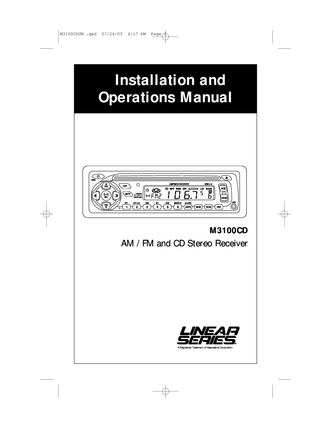 Magnadyne M3100CD manual Installation and Operations Manual, AM / FM and CD Stereo Receiver 