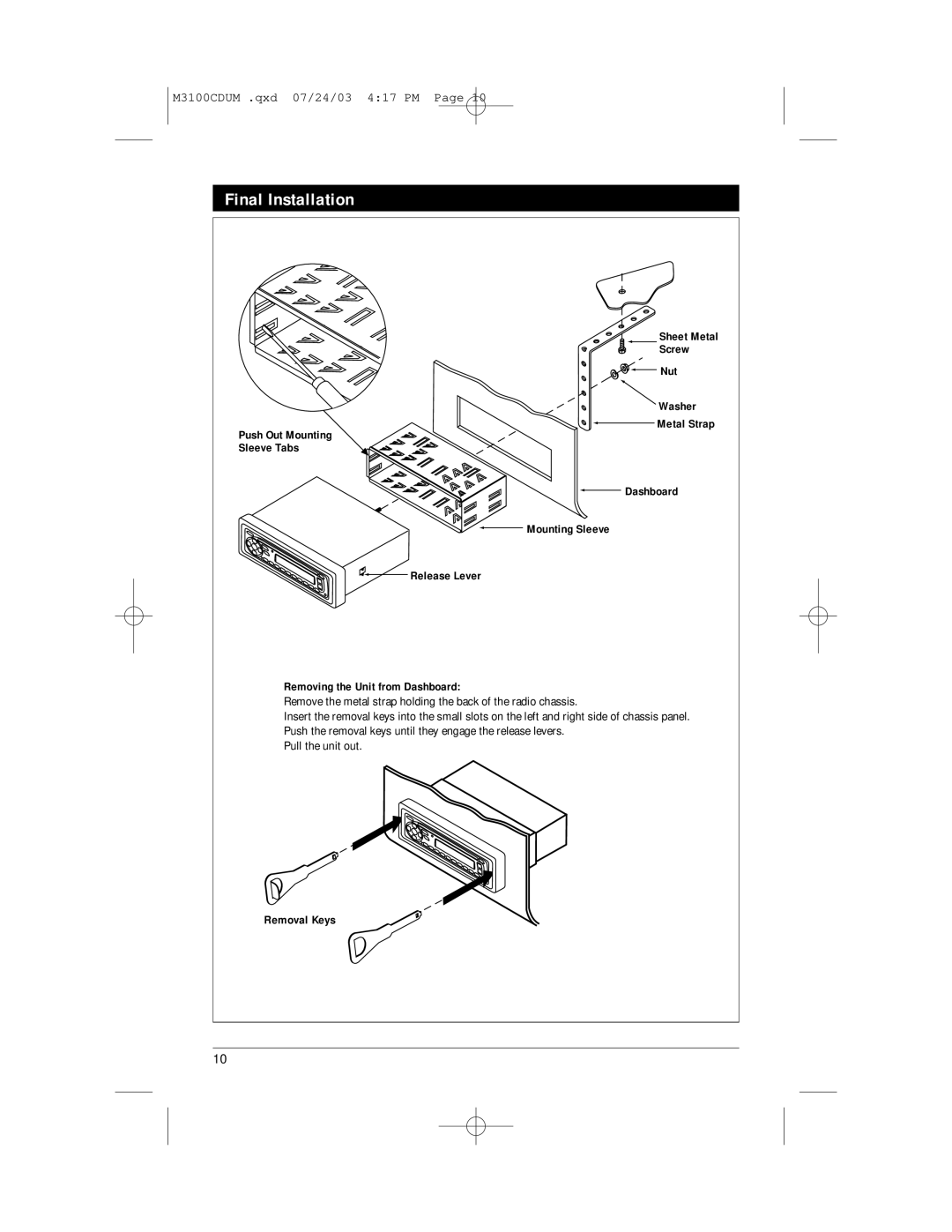 Magnadyne manual Final Installation, M3100CDUM .qxd 07/24/03 4 17 PM Page, Sheet Metal Screw Nut Washer Metal Strap 
