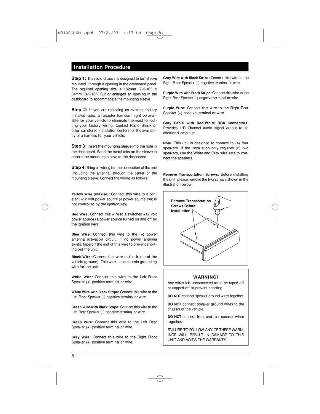 Magnadyne M3100CD manual Installation Procedure 