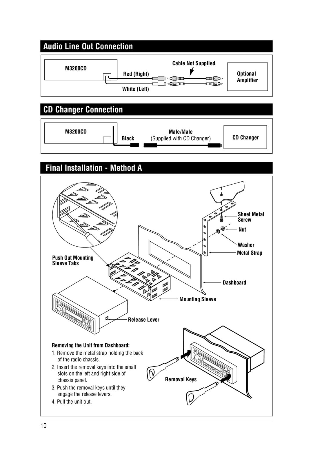 Magnadyne M3200CD manual Audio Line Out Connection, CD Changer Connection, Final Installation Method a 