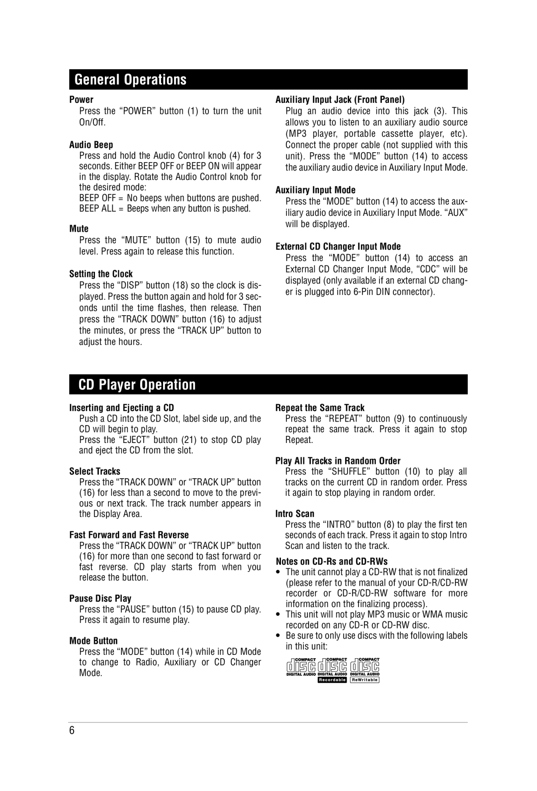 Magnadyne M3200CD manual General Operations, CD Player Operation 