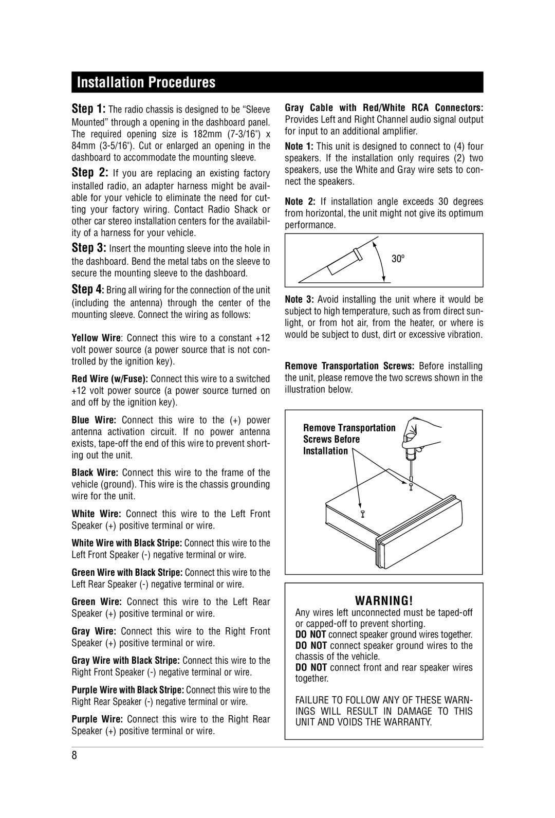 Magnadyne M3200CD manual Installation Procedures, Do not connect front and rear speaker wires together 