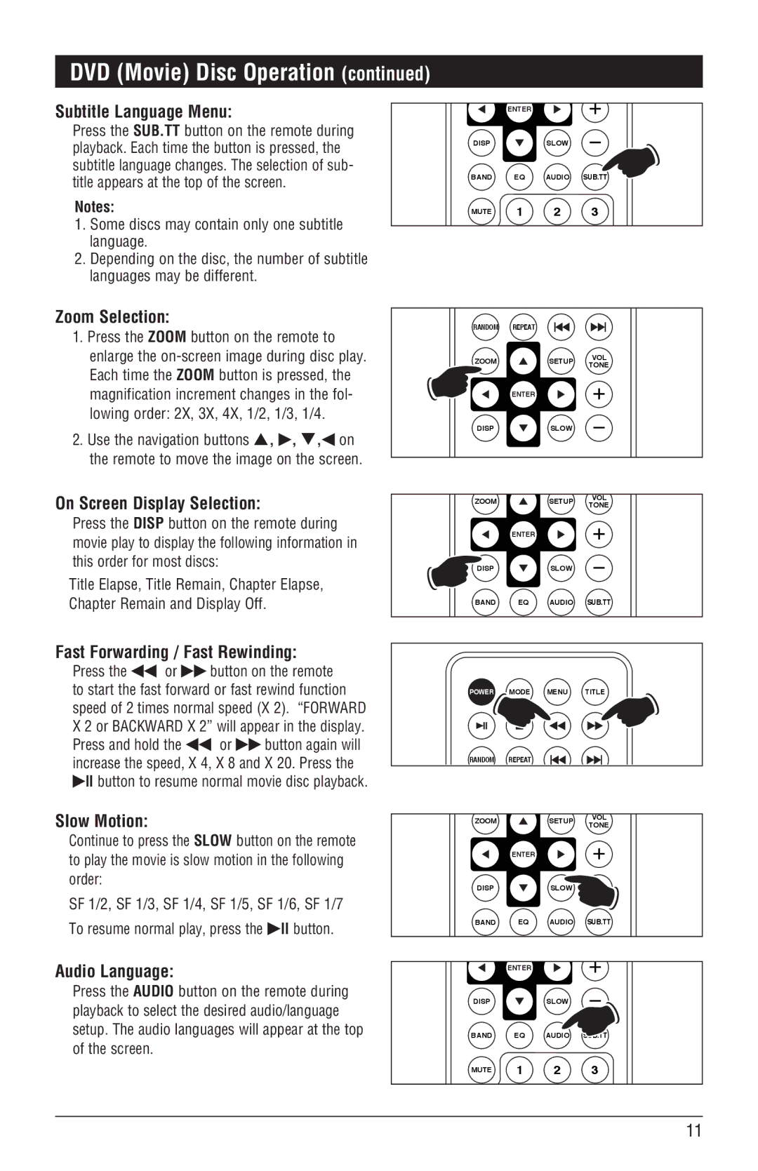 Magnadyne M3500DVD Subtitle Language Menu, Zoom Selection, On Screen Display Selection, Fast Forwarding / Fast Rewinding 