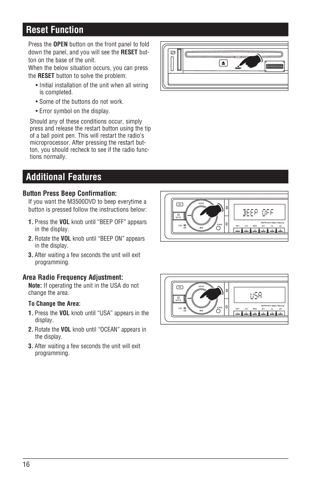 Magnadyne M3500DVD Reset Function, Additional Features, Button Press Beep Confirmation, Area Radio Frequency Adjustment 