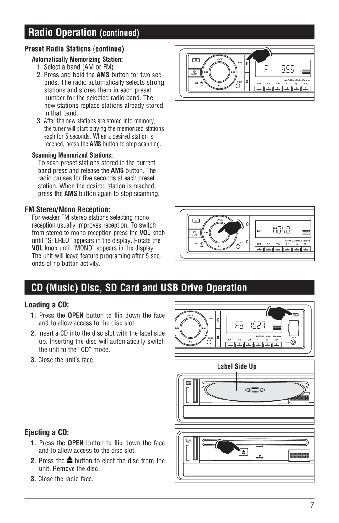 Magnadyne M3500DVD CD Music Disc, SD Card and USB Drive Operation, Preset Radio Stations continue, Loading a CD 