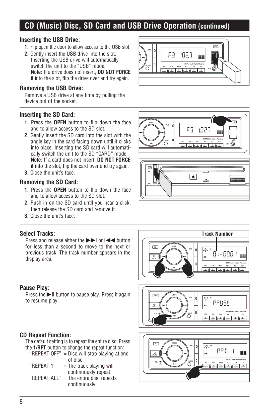 Magnadyne M3500DVD Inserting the USB Drive, Removing the USB Drive, Inserting the SD Card, Removing the SD Card 