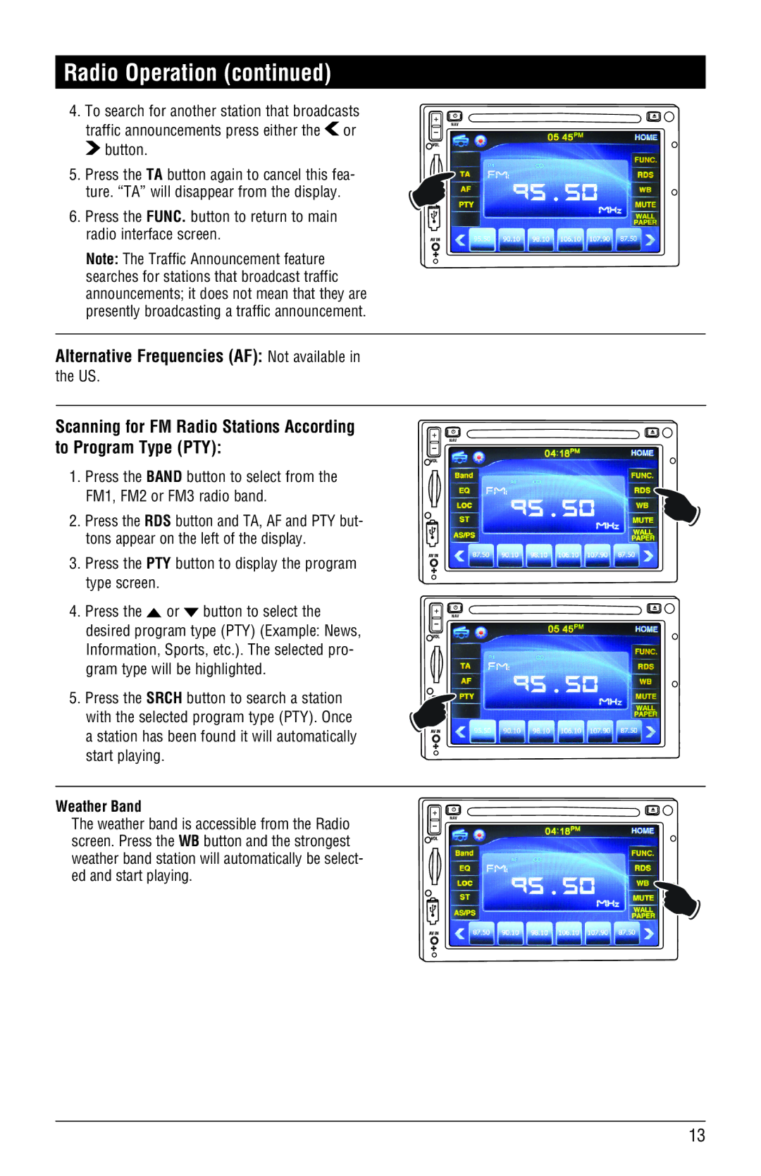 Magnadyne M3-LCD, M4-LCD installation manual Press the PTY button to display the program type screen, Weather Band 