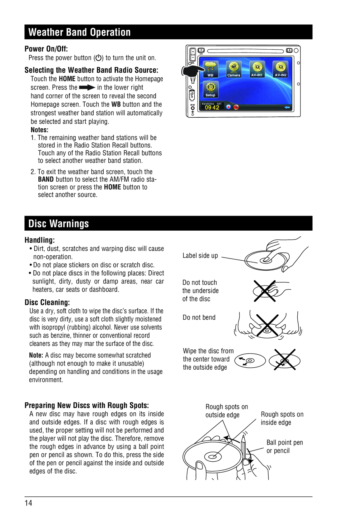 Magnadyne M4-LCD, M3-LCD installation manual Weather Band Operation, Disc Warnings 