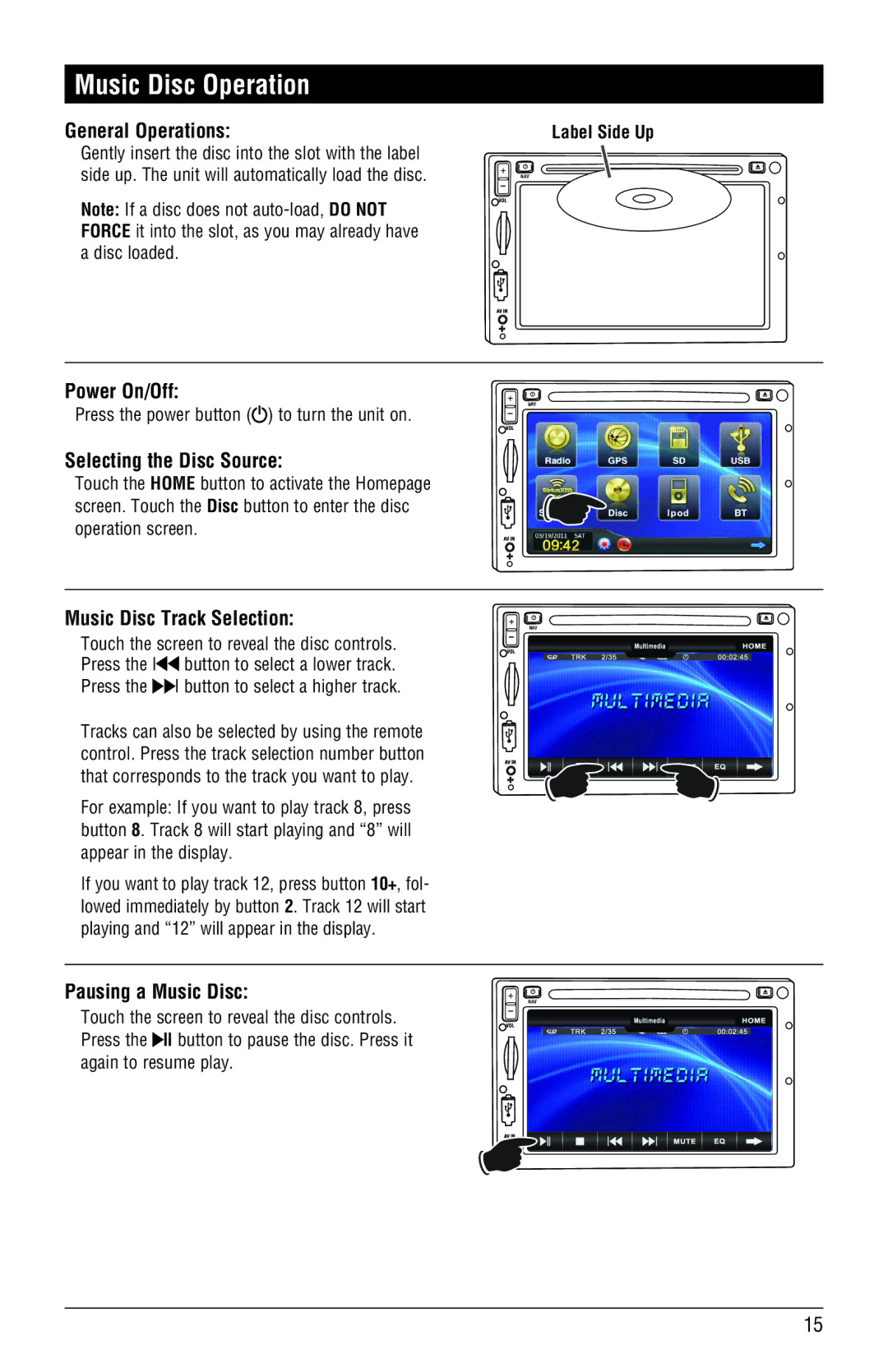 Magnadyne M3-LCD, M4-LCD Music Disc Operation, General Operations, Selecting the Disc Source, Music Disc Track Selection 