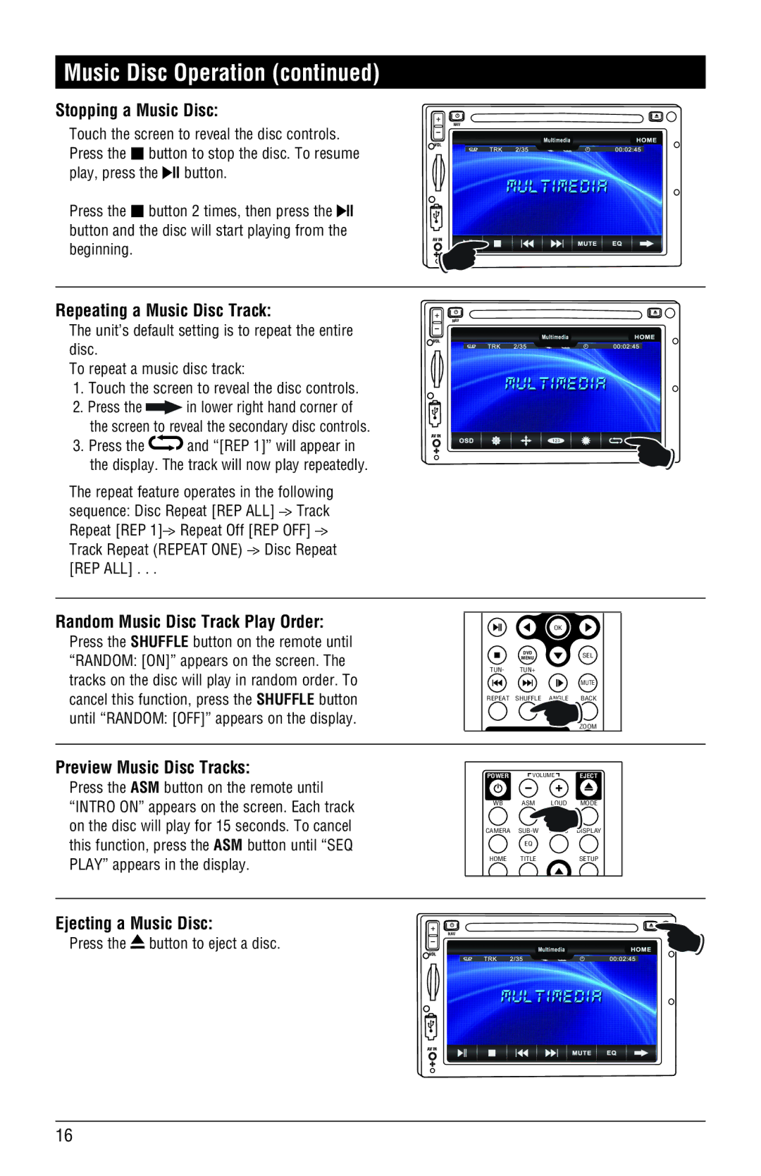 Magnadyne M4-LCD, M3-LCD Stopping a Music Disc, Repeating a Music Disc Track, Random Music Disc Track Play Order 