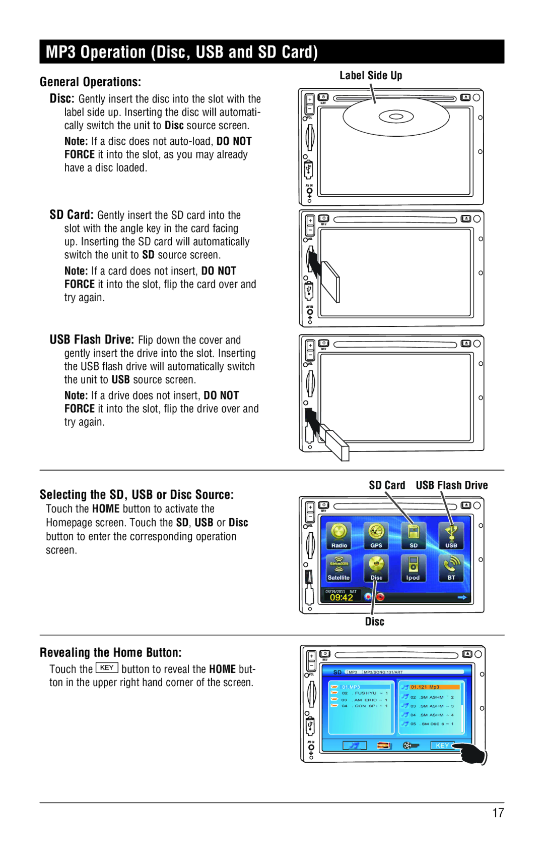 Magnadyne M3-LCD MP3 Operation Disc, USB and SD Card, Selecting the SD, USB or Disc Source, Revealing the Home Button 