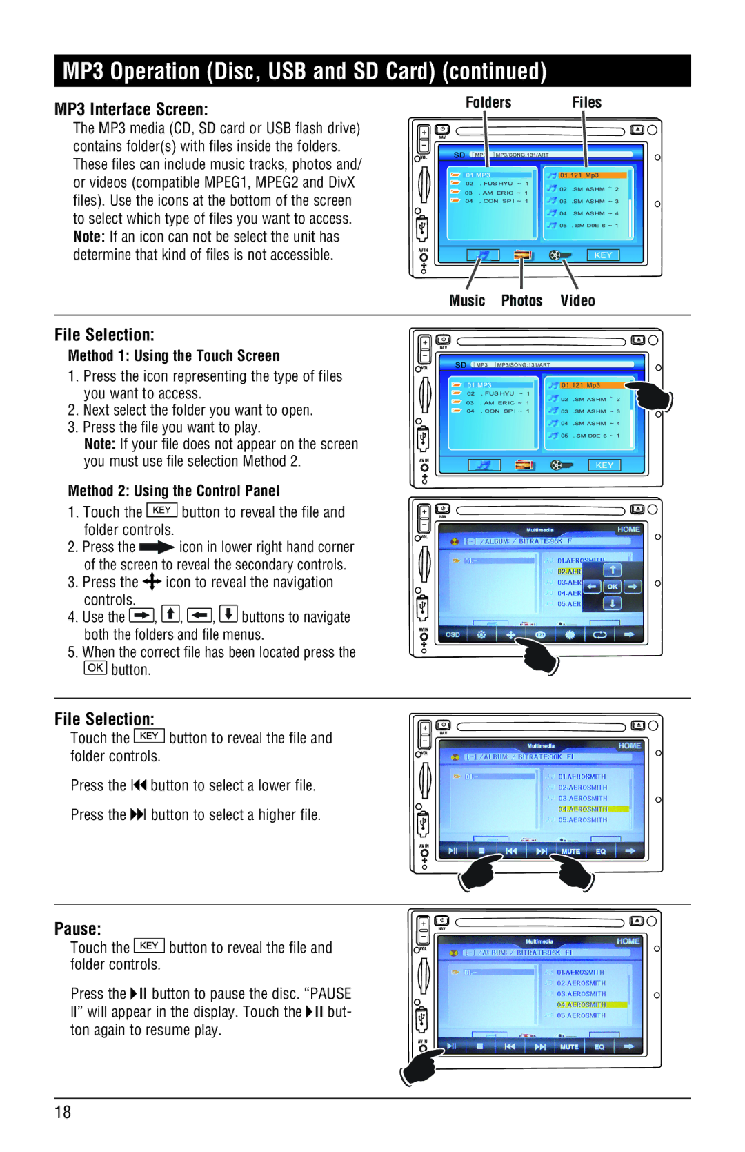 Magnadyne M4-LCD, M3-LCD installation manual MP3 Interface Screen, File Selection, Pause 