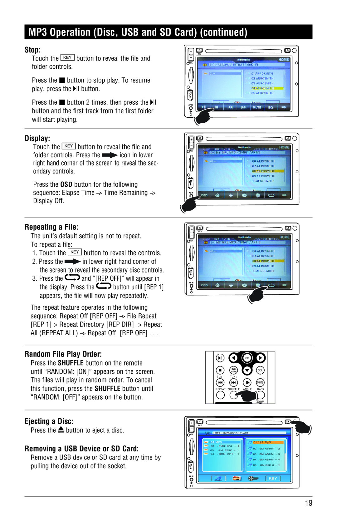 Magnadyne M3-LCD, M4-LCD installation manual Stop, Display, Repeating a File, Random File Play Order, Ejecting a Disc 