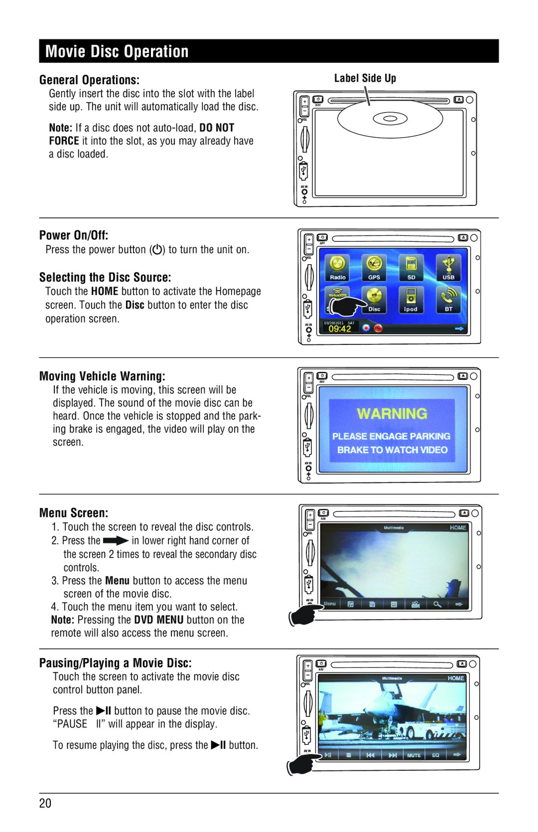 Magnadyne M4-LCD, M3-LCD Movie Disc Operation, Moving Vehicle Warning, Menu Screen, Pausing/Playing a Movie Disc 