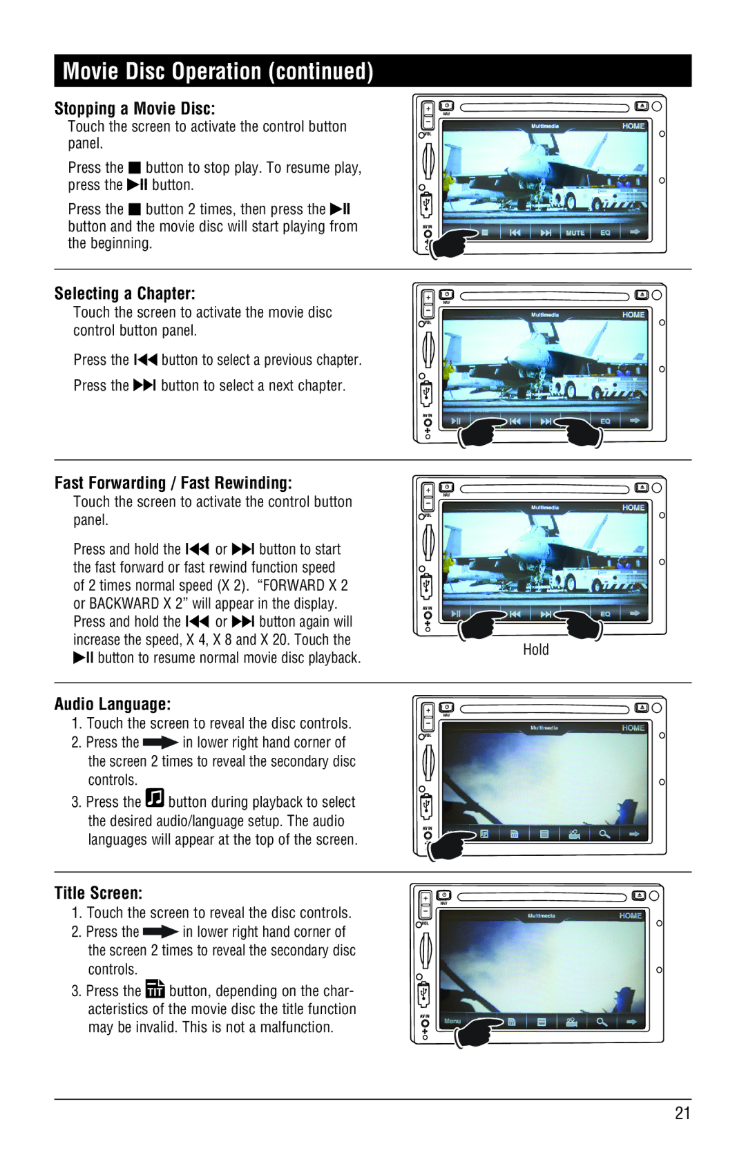 Magnadyne M3-LCD, M4-LCD Stopping a Movie Disc, Selecting a Chapter, Fast Forwarding / Fast Rewinding, Audio Language 