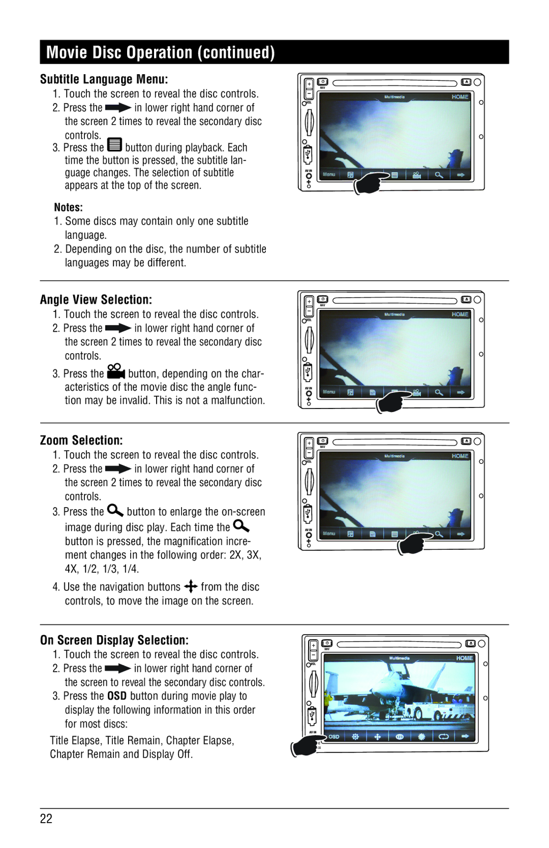 Magnadyne M4-LCD, M3-LCD Subtitle Language Menu, Angle View Selection, Zoom Selection, On Screen Display Selection 