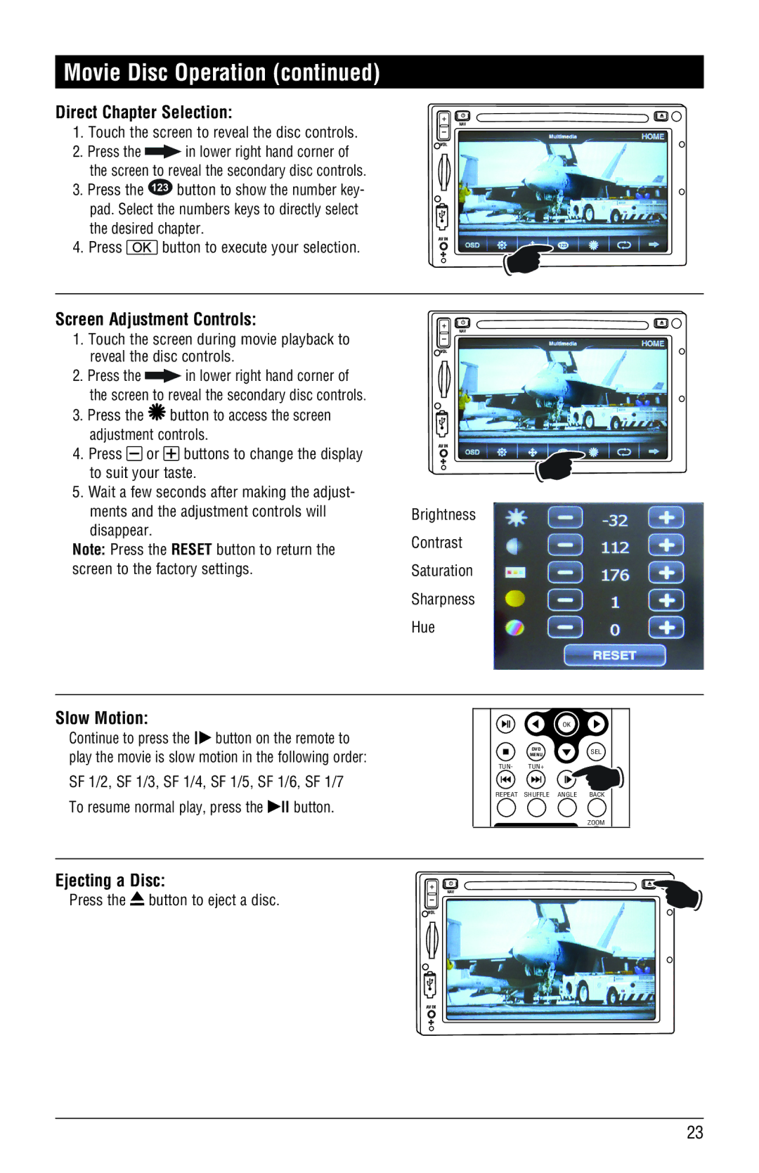 Magnadyne M3-LCD Direct Chapter Selection, Screen Adjustment Controls, Slow Motion, Press button to execute your selection 