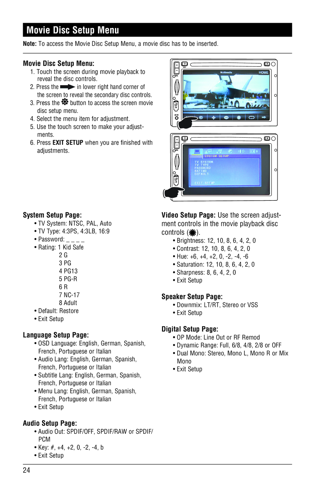 Magnadyne M4-LCD, M3-LCD installation manual Movie Disc Setup Menu, Language Setup, Speaker Setup, Digital Setup 