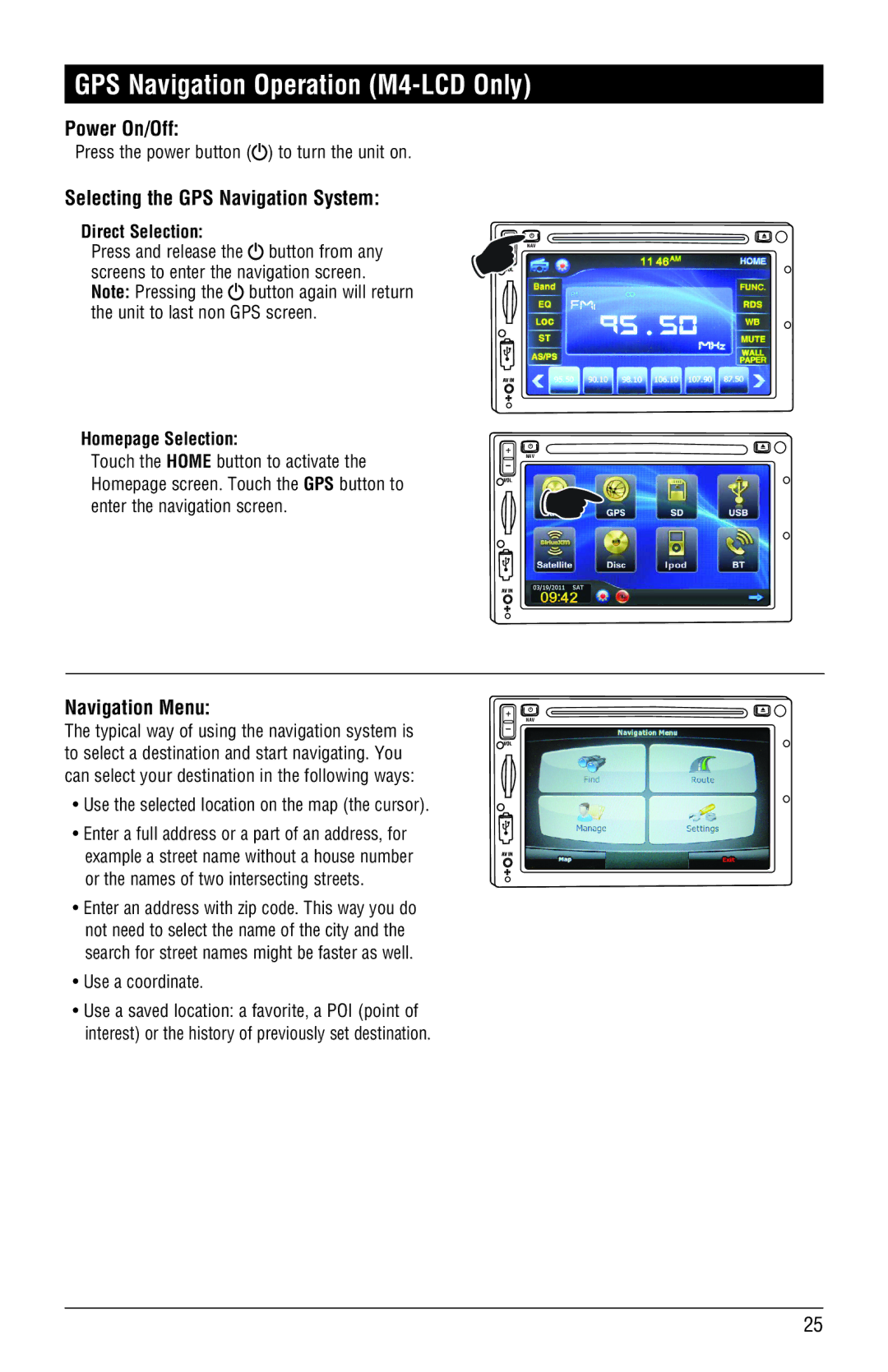 Magnadyne M3-LCD GPS Navigation Operation M4-LCD Only, Selecting the GPS Navigation System, Navigation Menu 