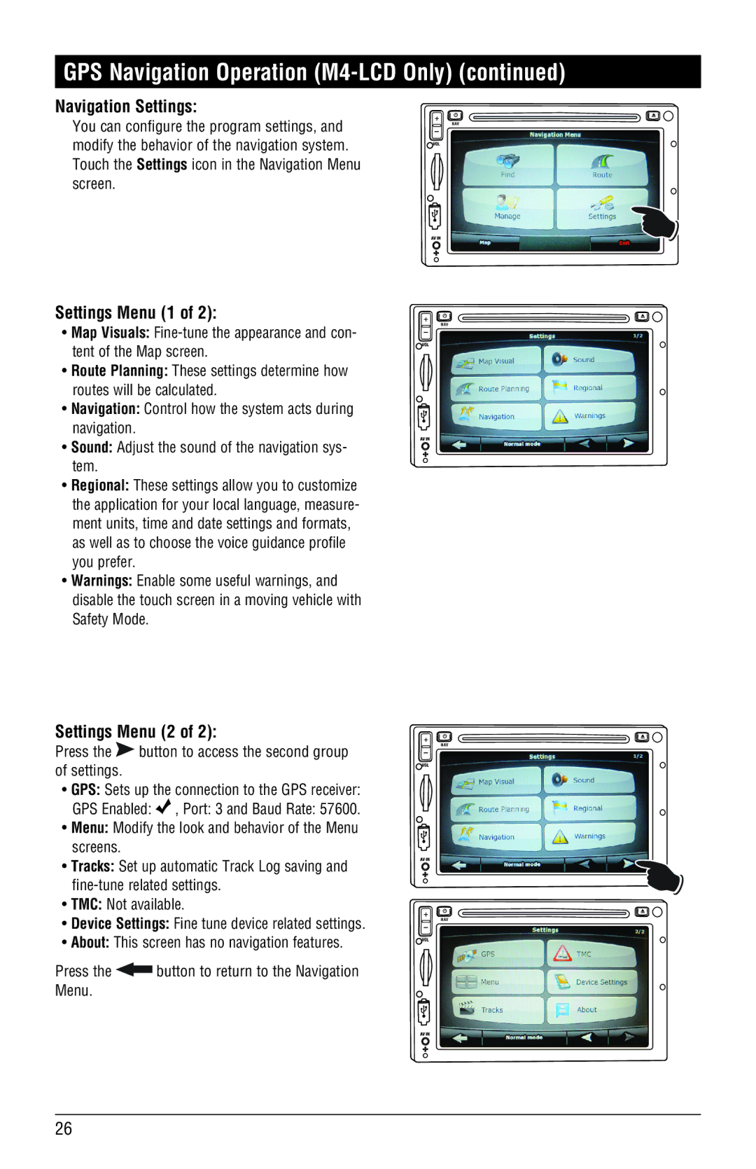 Magnadyne M4-LCD, M3-LCD installation manual Navigation Settings, Settings Menu 1, Settings Menu 2 