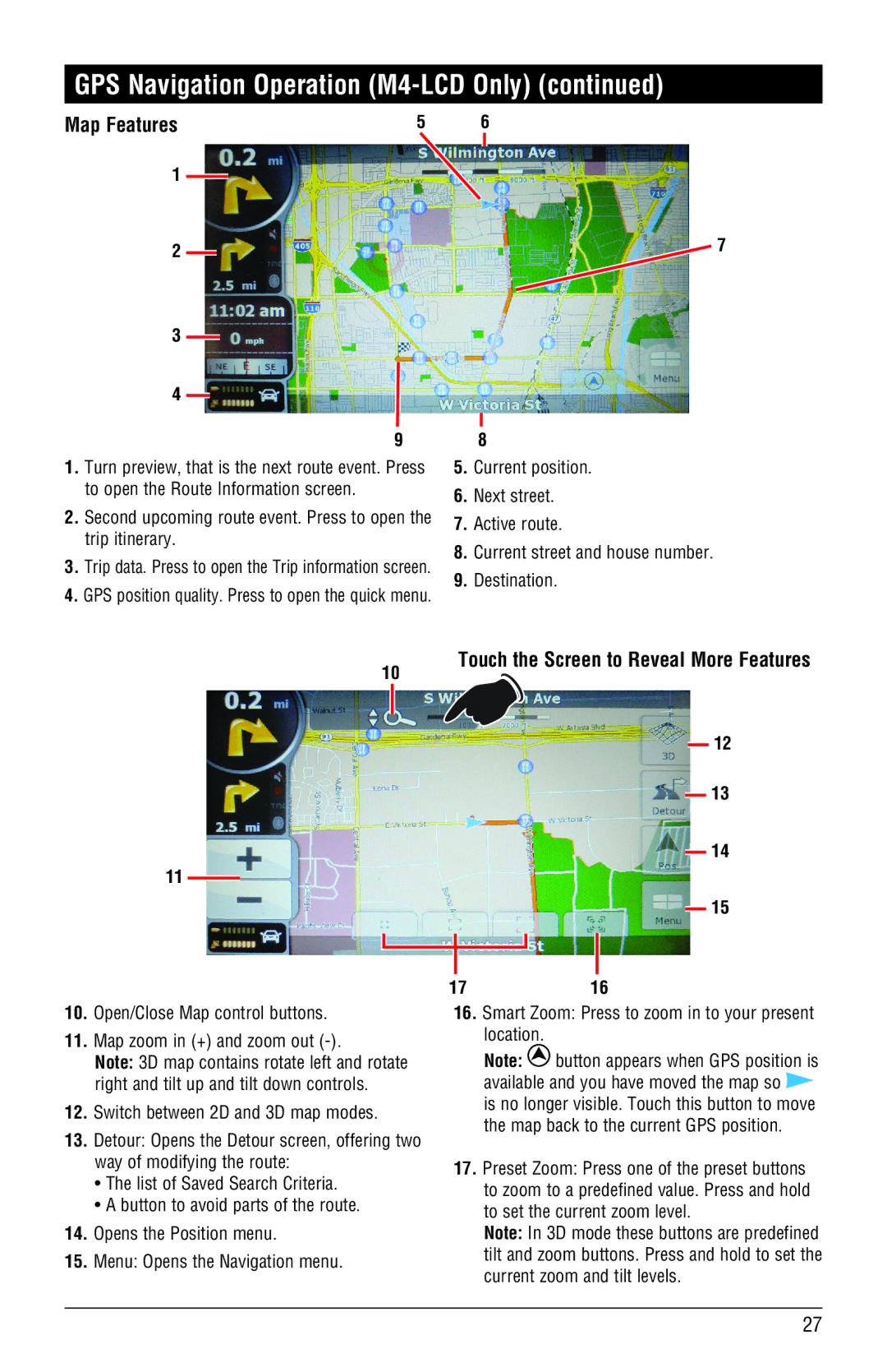 Magnadyne M3-LCD, M4-LCD installation manual Map Features, Touch the Screen to Reveal More Features 