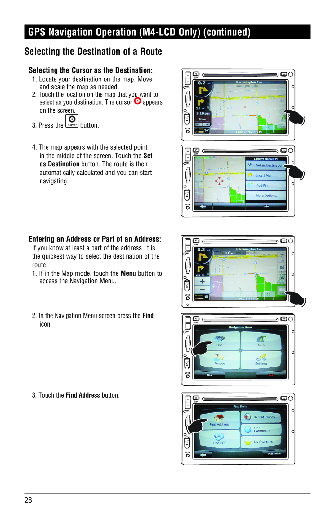 Magnadyne M4-LCD, M3-LCD Selecting the Cursor as the Destination, Entering an Address or Part of an Address 