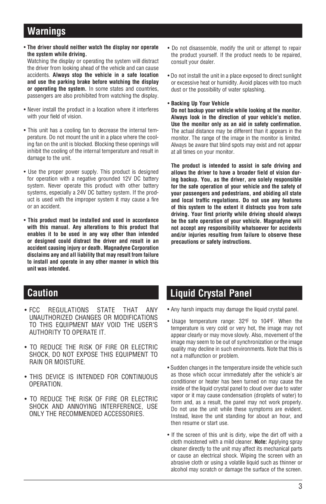 Magnadyne M3-LCD, M4-LCD installation manual Liquid Crystal Panel, Backing Up Your Vehicle 