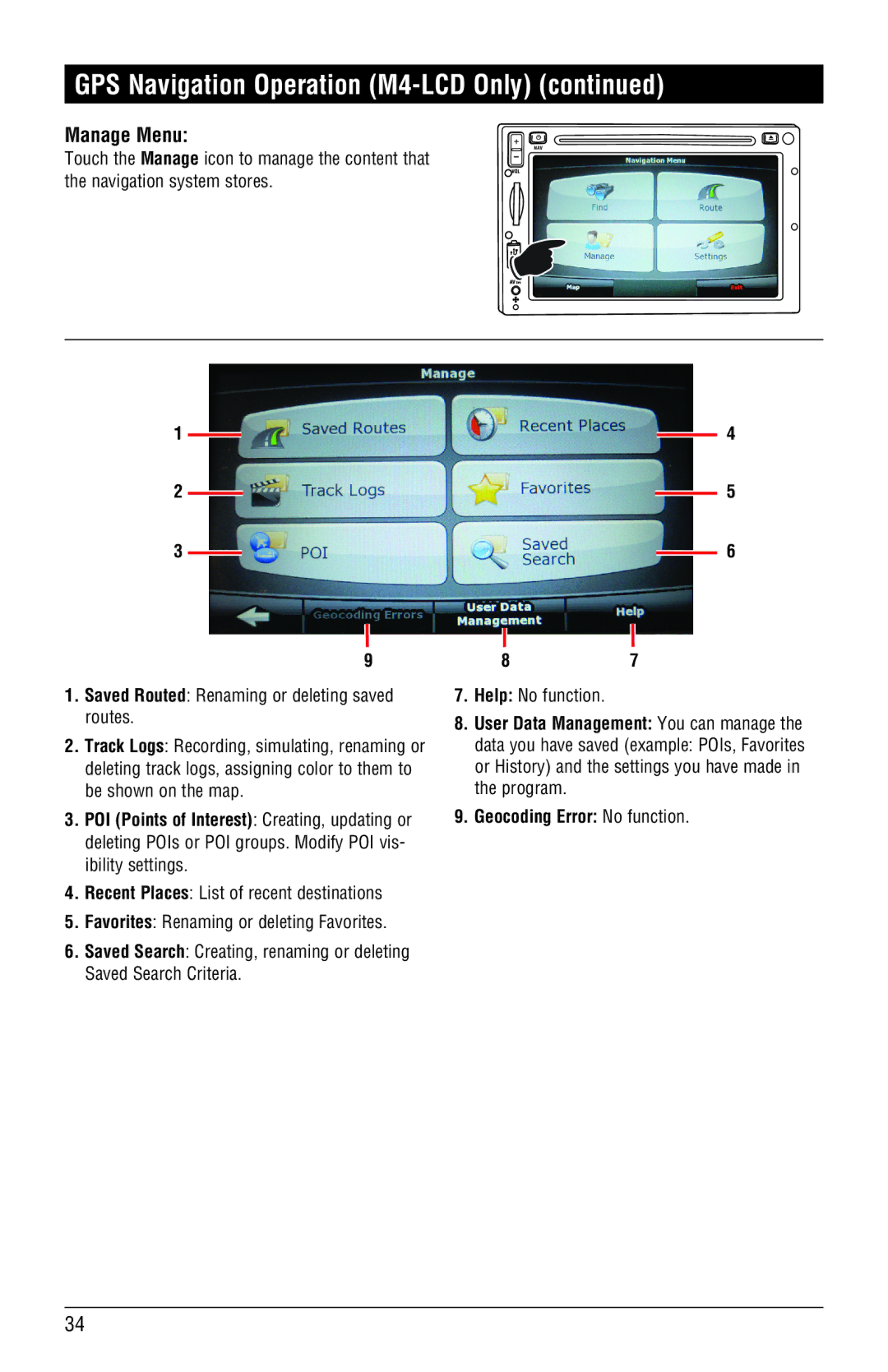 Magnadyne M4-LCD, M3-LCD Manage Menu, Saved Search Criteria Help No function, User Data Management You can manage 