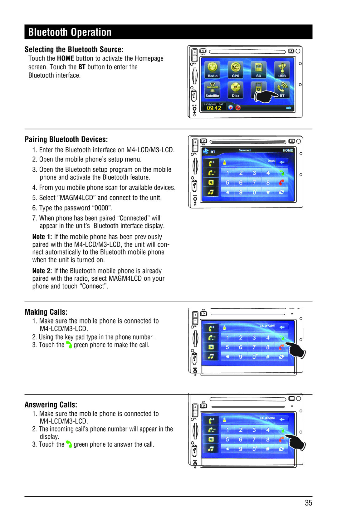 Magnadyne M3-LCD, M4-LCD Bluetooth Operation, Selecting the Bluetooth Source, Pairing Bluetooth Devices, Making Calls 