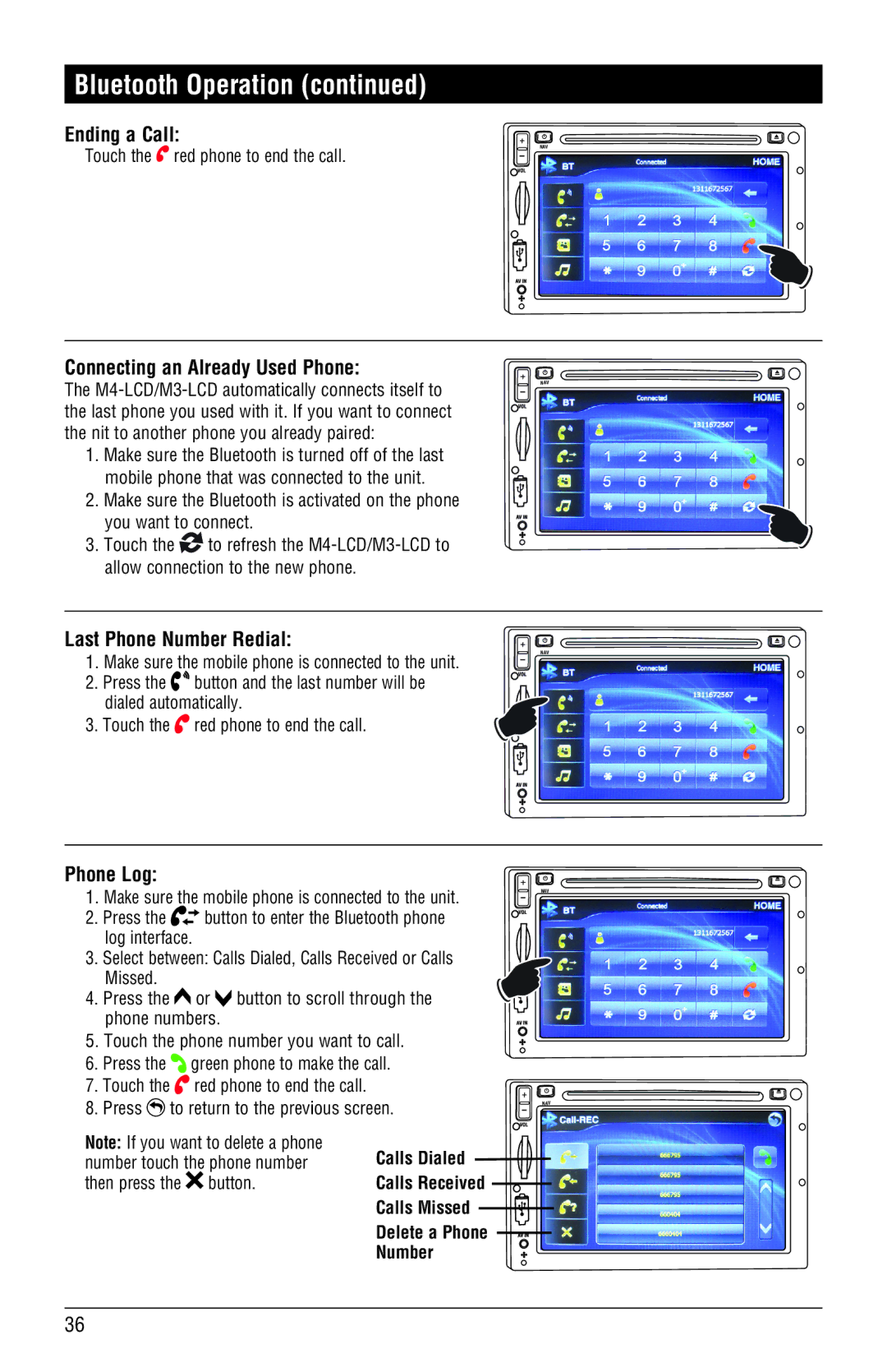 Magnadyne M4-LCD, M3-LCD Ending a Call, Connecting an Already Used Phone, Last Phone Number Redial, Phone Log 