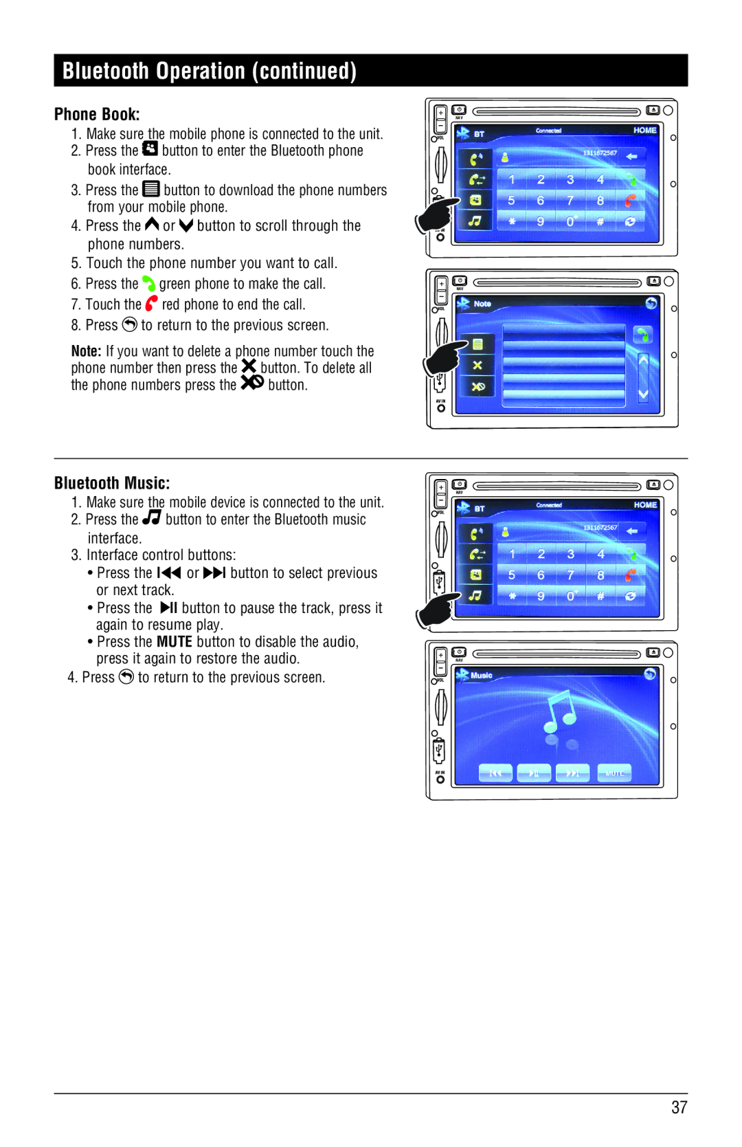 Magnadyne M3-LCD, M4-LCD installation manual Phone Book, Bluetooth Music 