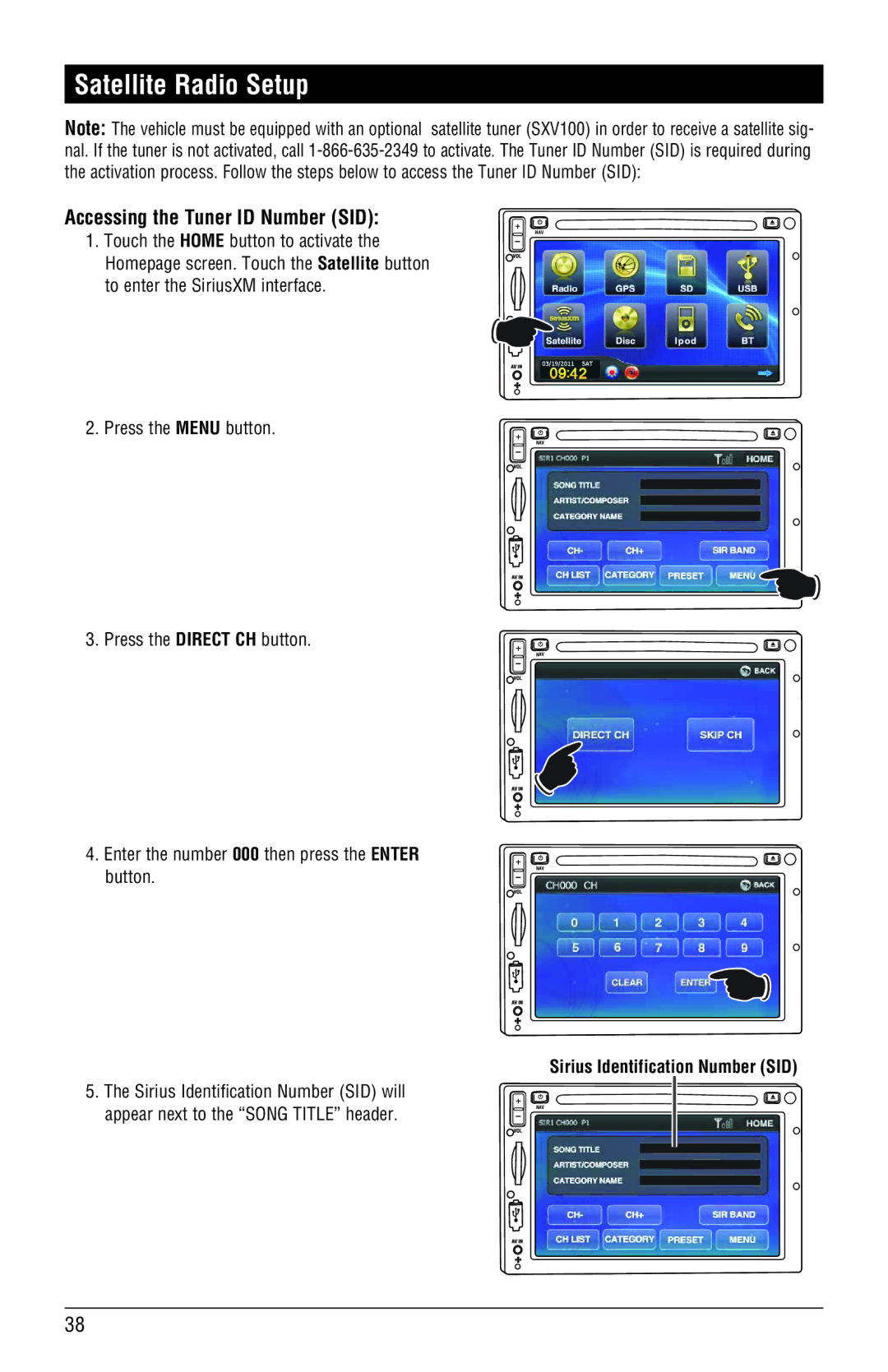 Magnadyne M4-LCD, M3-LCD Satellite Radio Setup, Accessing the Tuner ID Number SID, Sirius Identification Number SID 