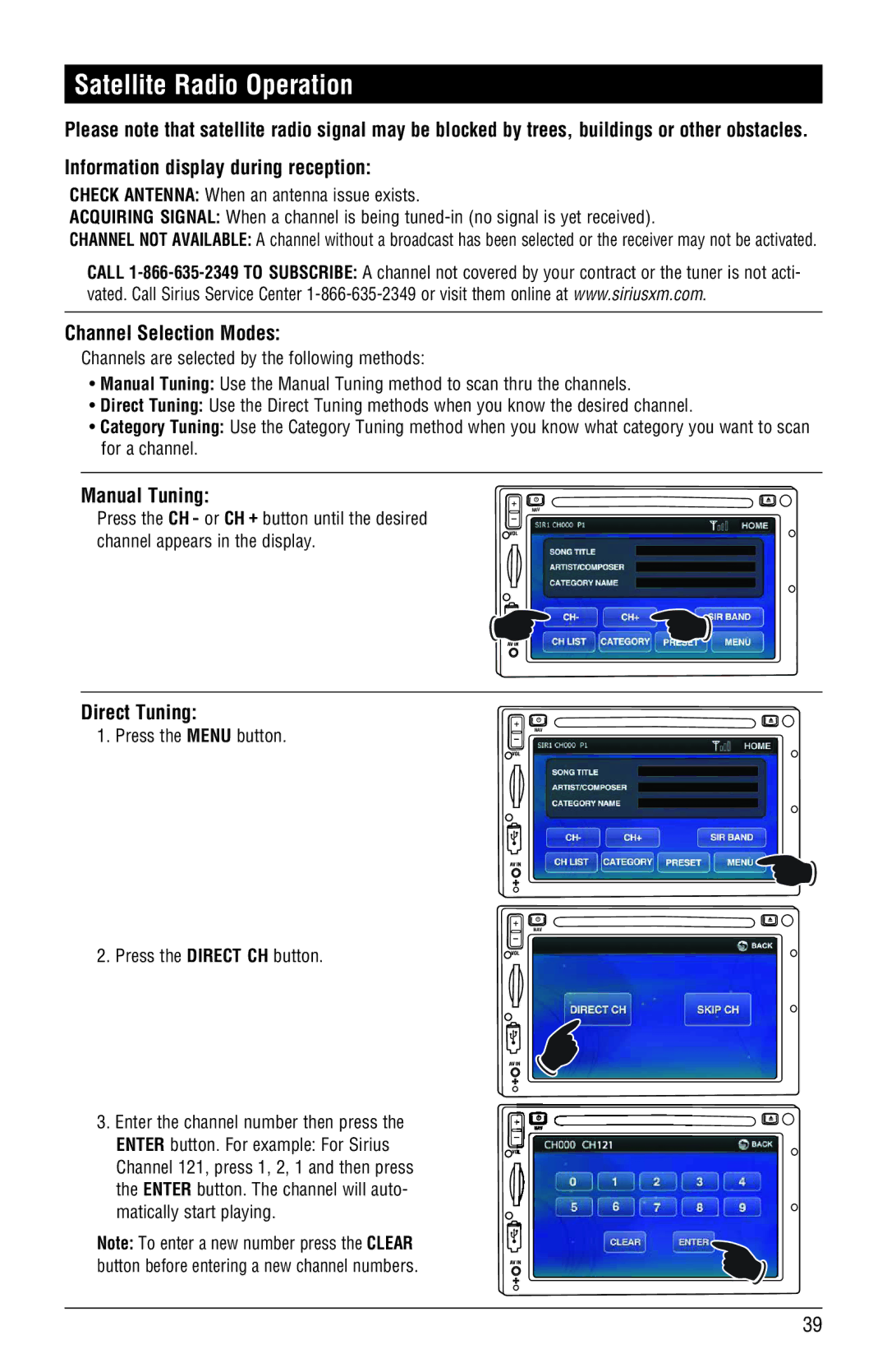 Magnadyne M3-LCD, M4-LCD Satellite Radio Operation, Channel Selection Modes, Manual Tuning, Direct Tuning 