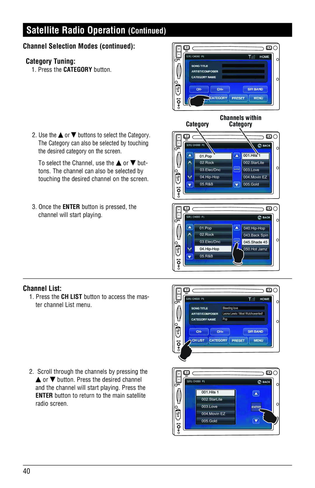 Magnadyne M4-LCD, M3-LCD Channel Selection Modes Category Tuning, Channel List, Press the Category button 