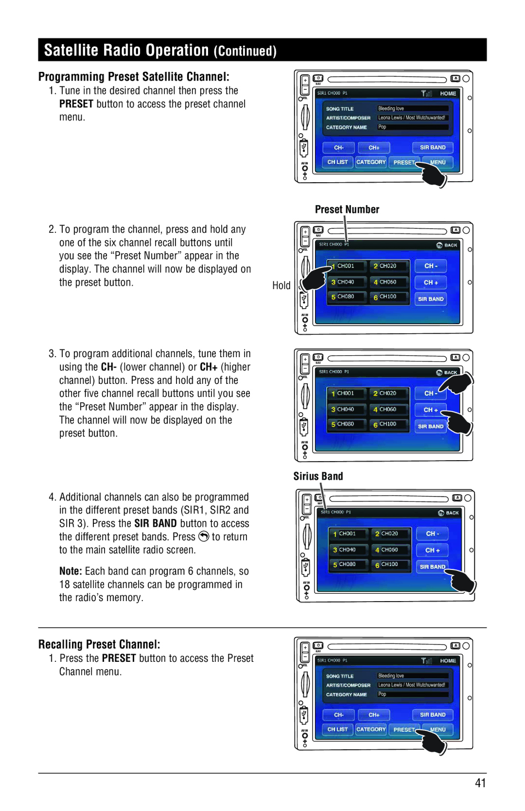 Magnadyne M3-LCD, M4-LCD Programming Preset Satellite Channel, Recalling Preset Channel, Preset Number, Sirius Band 