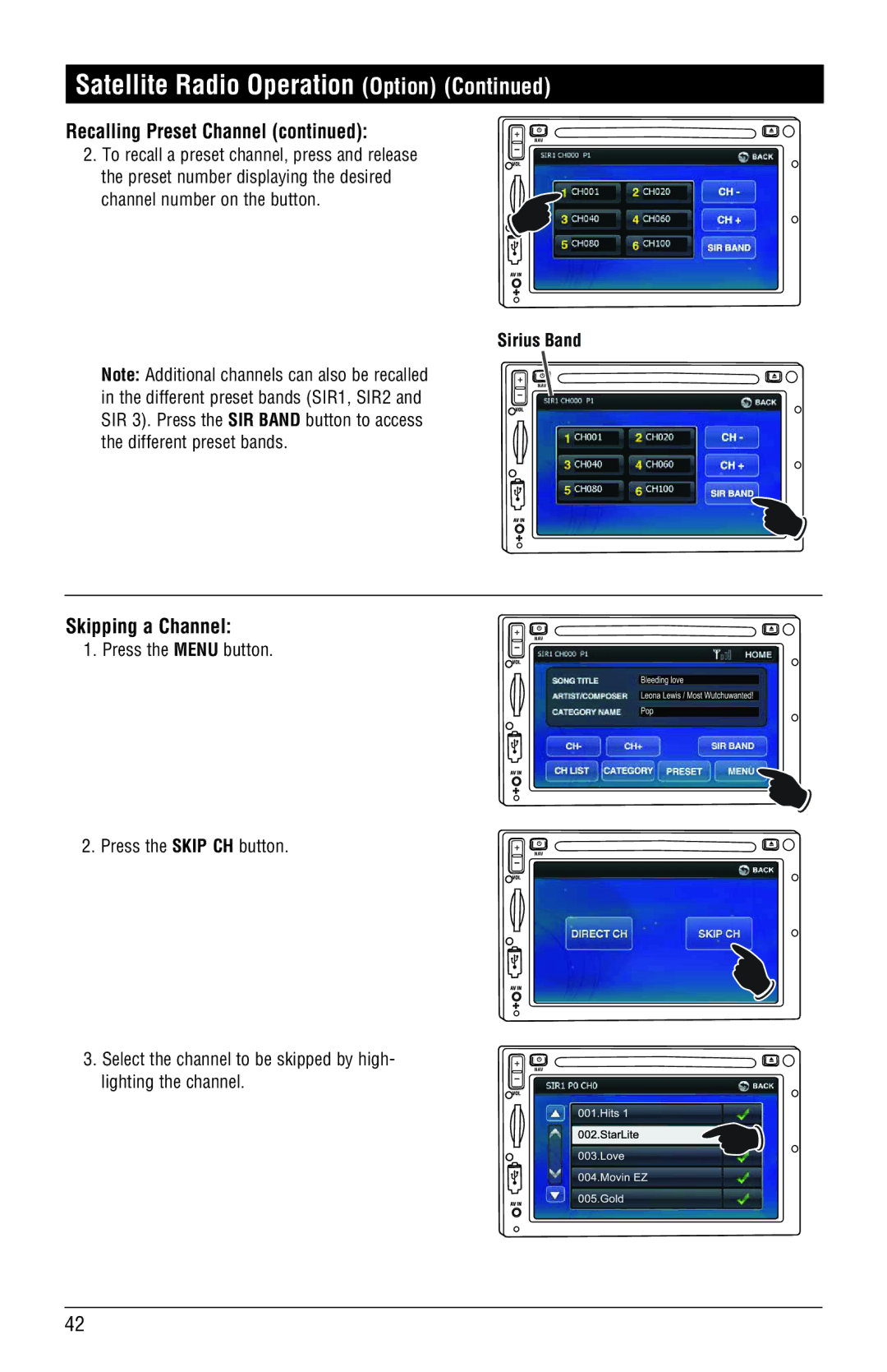 Magnadyne M4-LCD, M3-LCD installation manual Satellite Radio Operation Option, Skipping a Channel, Press the SKIP CH button 