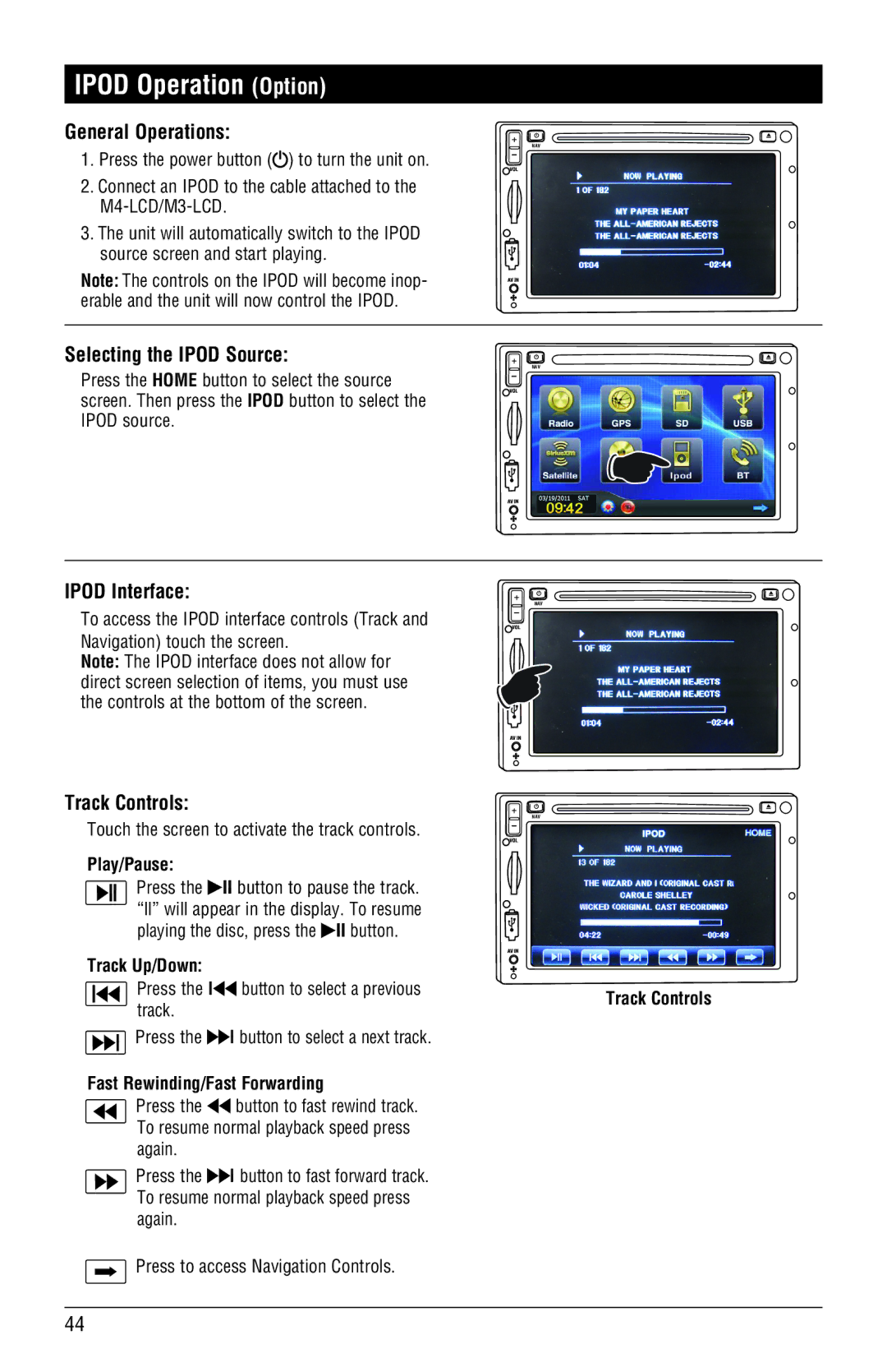 Magnadyne M4-LCD, M3-LCD Ipod Operation Option, Selecting the Ipod Source, Ipod Interface, Track Controls 